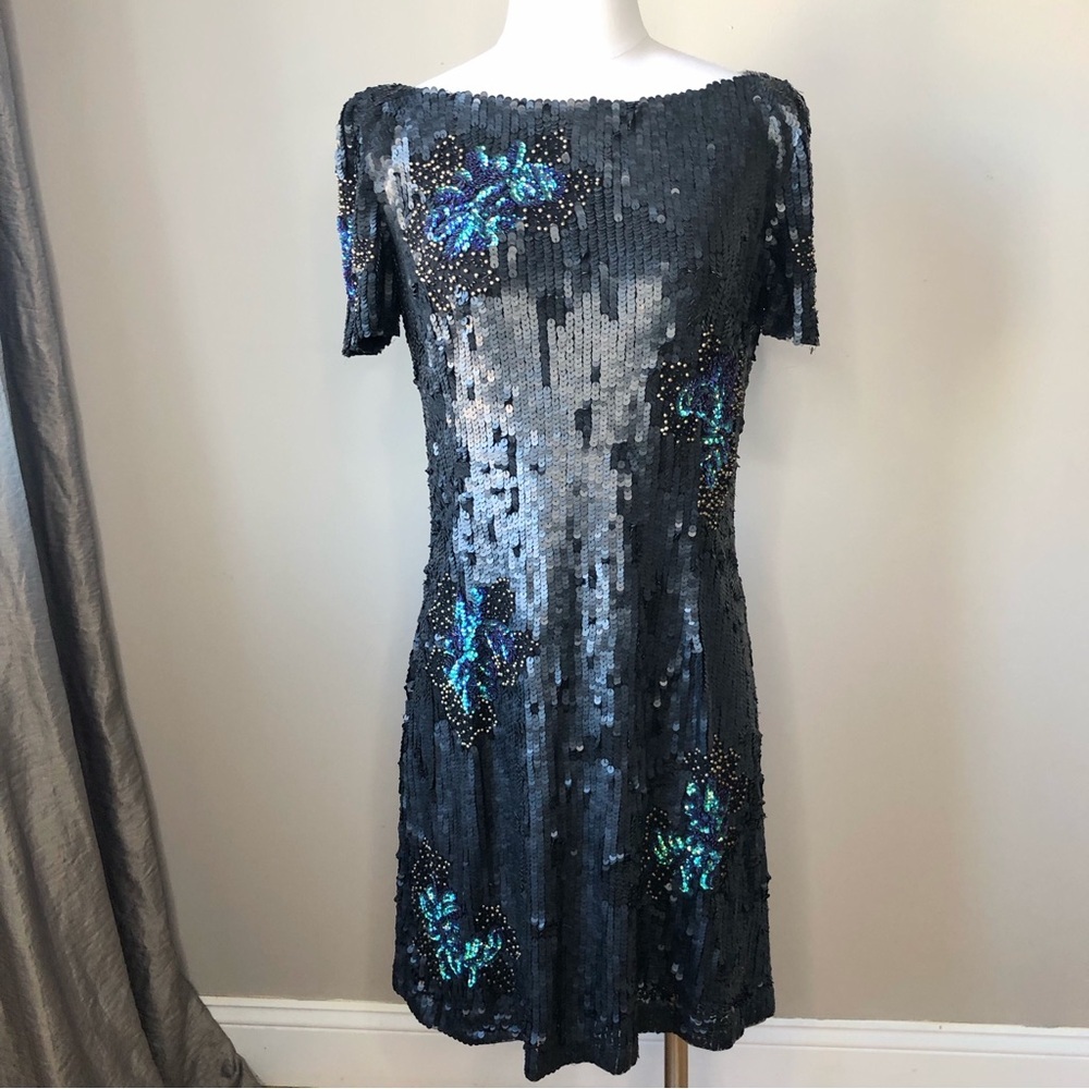 NWT French Connection Black & Blue Sequins Cocktail Dress 10